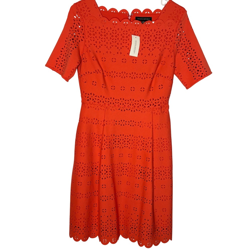 Banana Republic NWT Eyelet Dress 2 XS Orange Scallop Laser Cut Fit Flare Knee